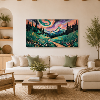 Whimsical Mountain Landscape Canvas Wall Art