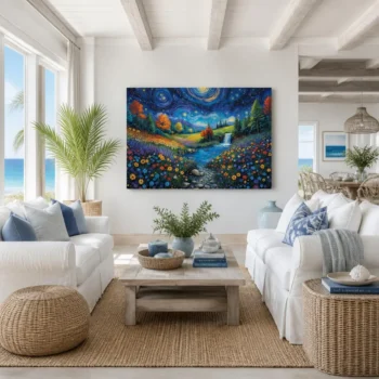 Starry Night Waterfall Meadow Panoramic Canvas Wall Art