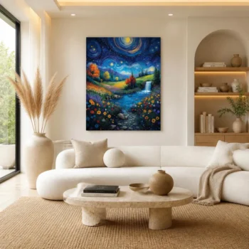 Starry Night Waterfall Pathway Inspired Canvas Wall Art