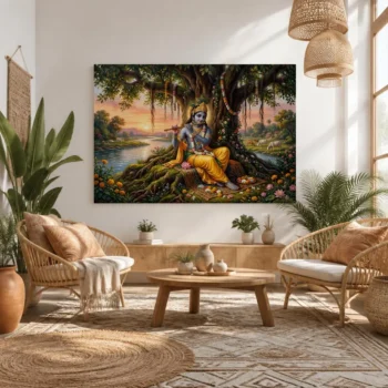 Divine Lord Krishna Flute Melody Devotional Canvas Wall Art