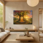 Sacred Meditating Buddha Under Bodhi Tree Canvas Wall Art