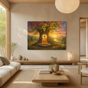 Sacred Meditating Buddha Under Bodhi Tree Canvas Wall Art