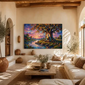 Vibrant Meditating Buddha River Canvas Wall Art