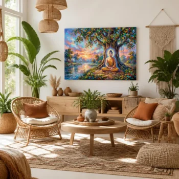 Radiant Meditating Buddha Under Bodhi Tree Canvas Wall Art