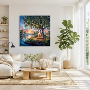 Sacred Meditating Buddha River Canvas Wall Art