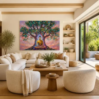 Sacred Meditating Buddha Under Spiritual Tree Canvas Wall Art