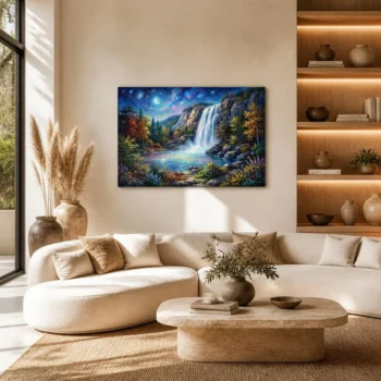 Starry Night Waterfall Landscape Stretched Canvas Wall Art