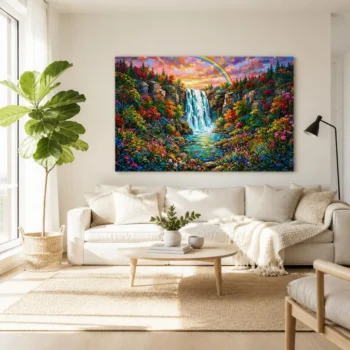 Psychedelic Enchanted Waterfall Rainbow Palette Knife Canvas Wall Art