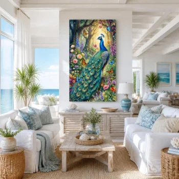 Mystical Peacock in Enchanted Woodland Watercolor Canvas Wall Art