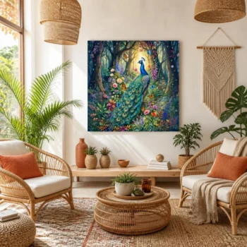 Mystical Peacock in Enchanted Forest Fairytale Garden Canvas Wall Art