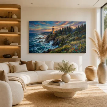 Coastal Beacon Horizon Twilight Impressionist Canvas Wall Art