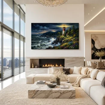 Guiding Beacon Night Starry Coast Impressionist Canvas Wall Art
