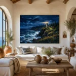 Midnight Shoreline Light Guardian Starry Coast Canvas Wall Art