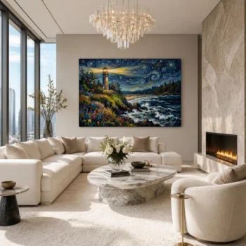 Starry Night Inspired Coastal Lighthouse Canvas Wall Art