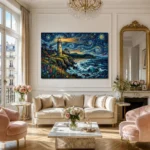 Starry Night Lighthouse Ocean Waves Canvas Wall Art