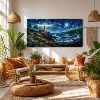 Starry Night Lighthouse Ocean Canvas Wall Art