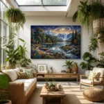 Starry Night Alpine Lake Mountain Waterfall Canvas Wall Art