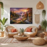 Sunset Mountain Waterfall Canvas Wall Art