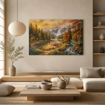 Golden Autumn Alpine Mountain Waterfall Canvas Wall Art