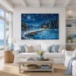 Starry Night Winter Cabin Lakeshore Impressionist Canvas Wall Art