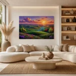 Enchanted River Valley Sunset Wildflower Meadow Canvas Wall Art