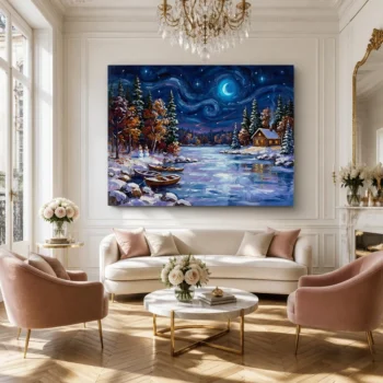 Starry Night Cozy Winter Cabin Reflections Impressionist Canvas Wall Art