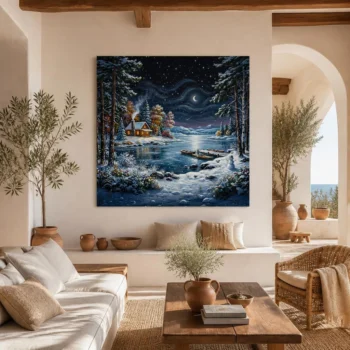 Starry Night Cozy Winter Cabin Lakeshore Impressionist Canvas Wall Art
