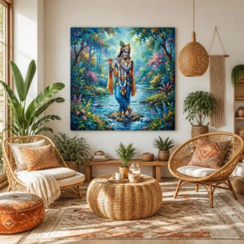 Divine Lord Krishna Flute Melody in Vrindavan Forest Canvas Wall Art