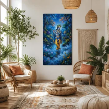 Divine Lord Krishna Flute Melody in Lotus Pond Canvas Wall Art
