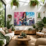 Vibrant Melody Watercolor Guitarist Girl Stretched Canvas Wall Art