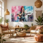 Vibrant Studio Melody Watercolor Girl Guitarist Panoramic Canvas Wall Art