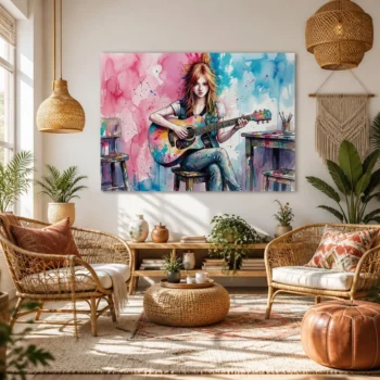Vibrant Studio Melody Watercolor Girl Guitarist Panoramic Canvas Wall Art