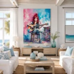 Vibrant Crimson Harmony Watercolor Girl Guitarist Canvas Wall Art