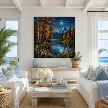 Autumn Mountain Lake Night Impressionist Landscape Canvas Wall Art