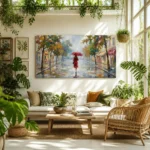 Rainy Autumn Street Red Umbrella Impressionist Walk Canvas Wall Art