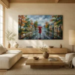 Stormy Autumn Street Red Umbrella Impressionist Walk Canvas Wall Art