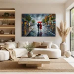 Romantic Autumn Rain Couple Stroll Impressionist Canvas Wall Art