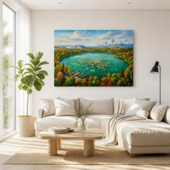 Serene Alpine Lotus Lake Impressionist Canvas Wall Art