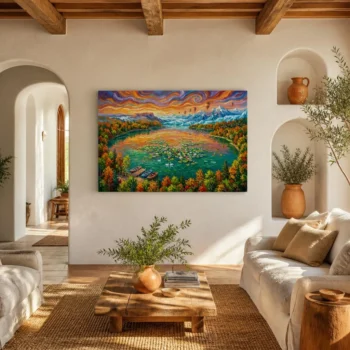 Vibrant Autumn Mountain Lotus Lake Impressionist Canvas Wall Art