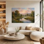 Serene River Valley Cottage Sunset Impressionist Canvas Wall Art
