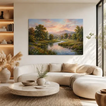 Serene River Valley Cottage Sunset Impressionist Canvas Wall Art