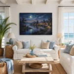 Serene Starry Night River Village Impressionist Canvas Wall Art