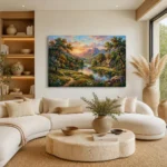 Serene Countryside River Cottage Romantic Landscape Canvas Wall Art