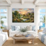Serene Riverside Village Sunset Impressionist Canvas Wall Art