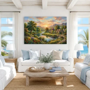 Serene Riverside Village Sunset Impressionist Canvas Wall Art