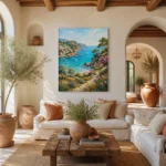 Sunny Mediterranean Coastal Village Impressionist Canvas Wall Art