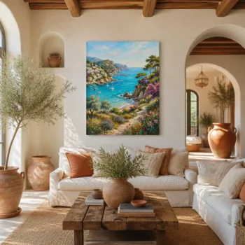 Sunny Mediterranean Coastal Village Impressionist Canvas Wall Art