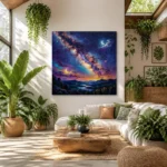 Vibrant Milky Way and Twin Moons Mountain Landscape Canvas Wall Art