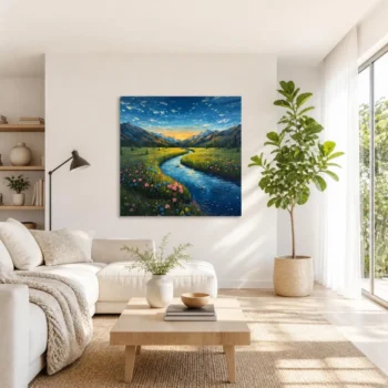 Impressionist Mountain Valley River Canvas Wall Art